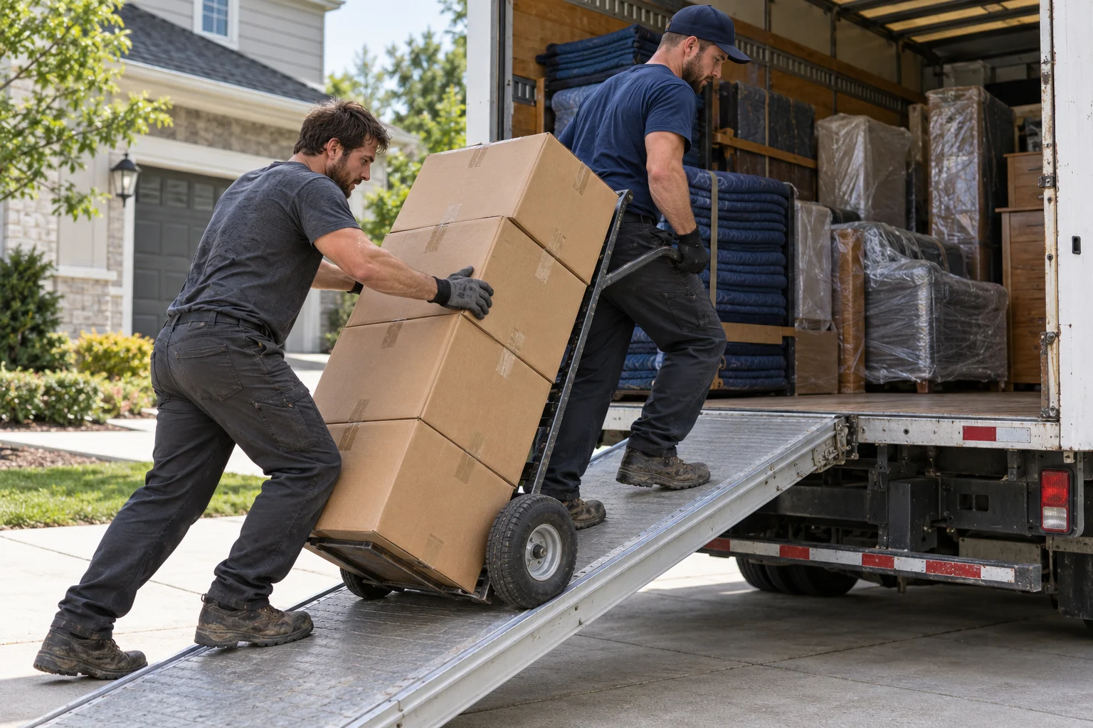 AI-generated scene of two movers loading boxes on a hand truck