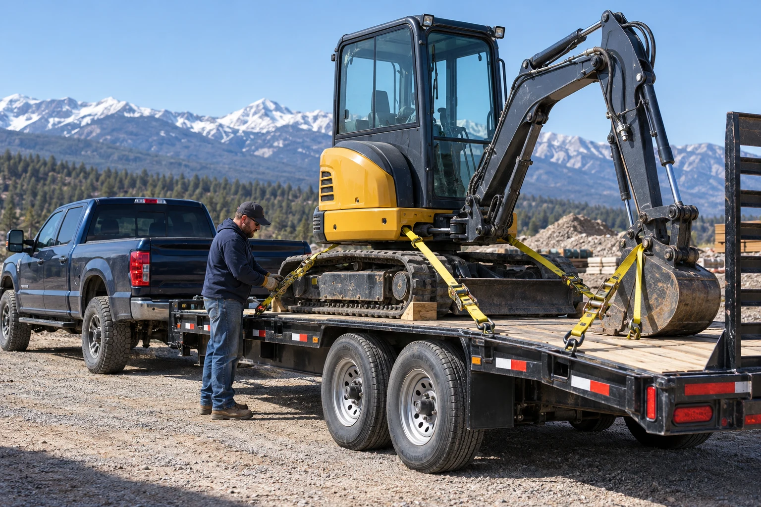 AI-generated flatbed carrying a compact excavator with visible tie-down straps