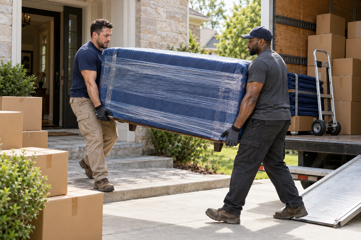 AI-generated scene of movers carrying blanket-wrapped furniture