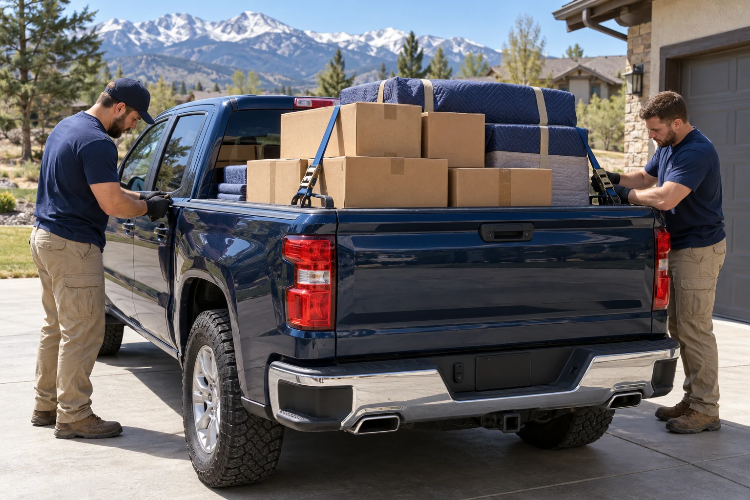 AI-generated pickup truck with stacked boxes and padded furniture secured with straps