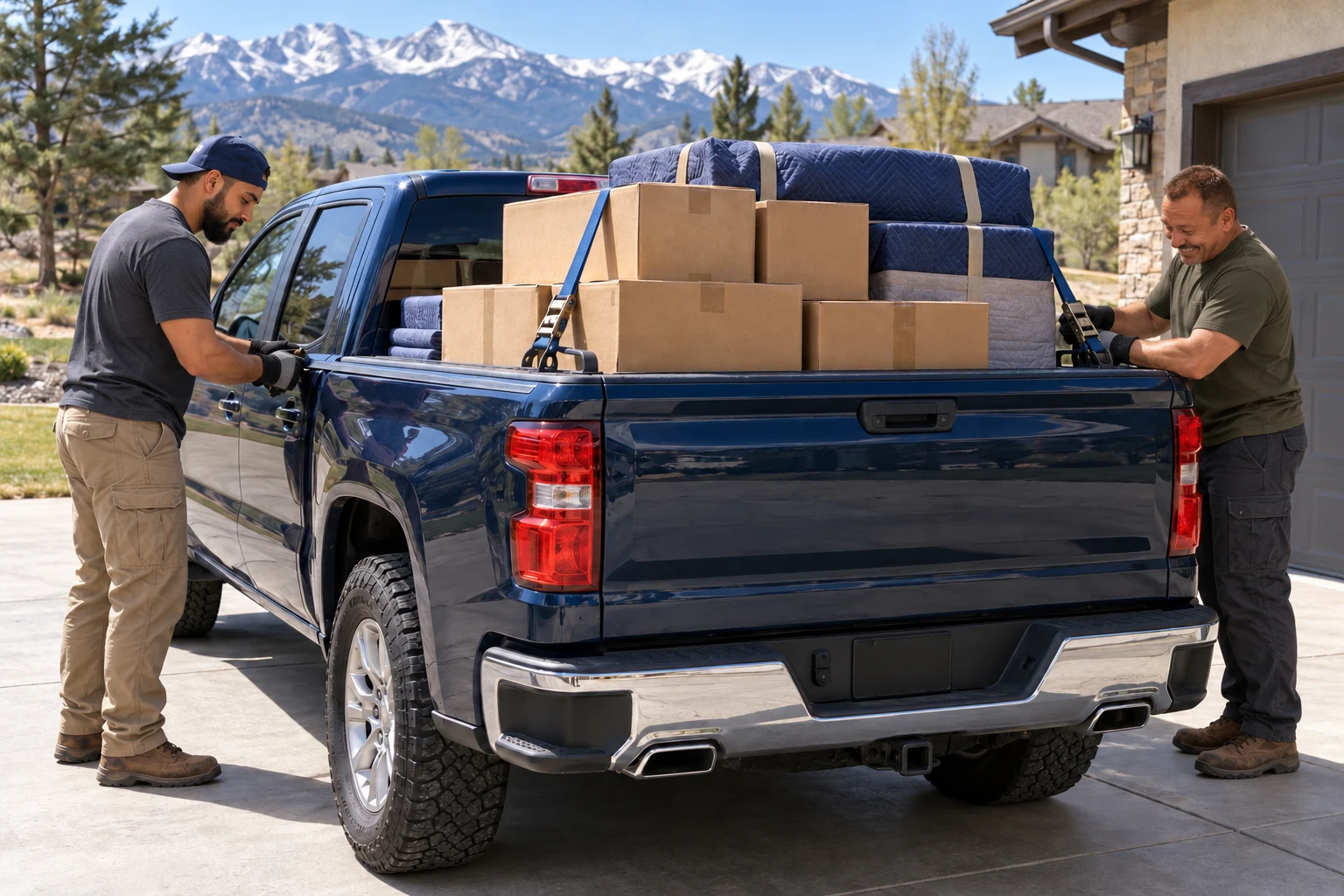 AI-edited image of two movers in gray and olive work shirts securing stacked boxes and padded furniture on a pickup truck