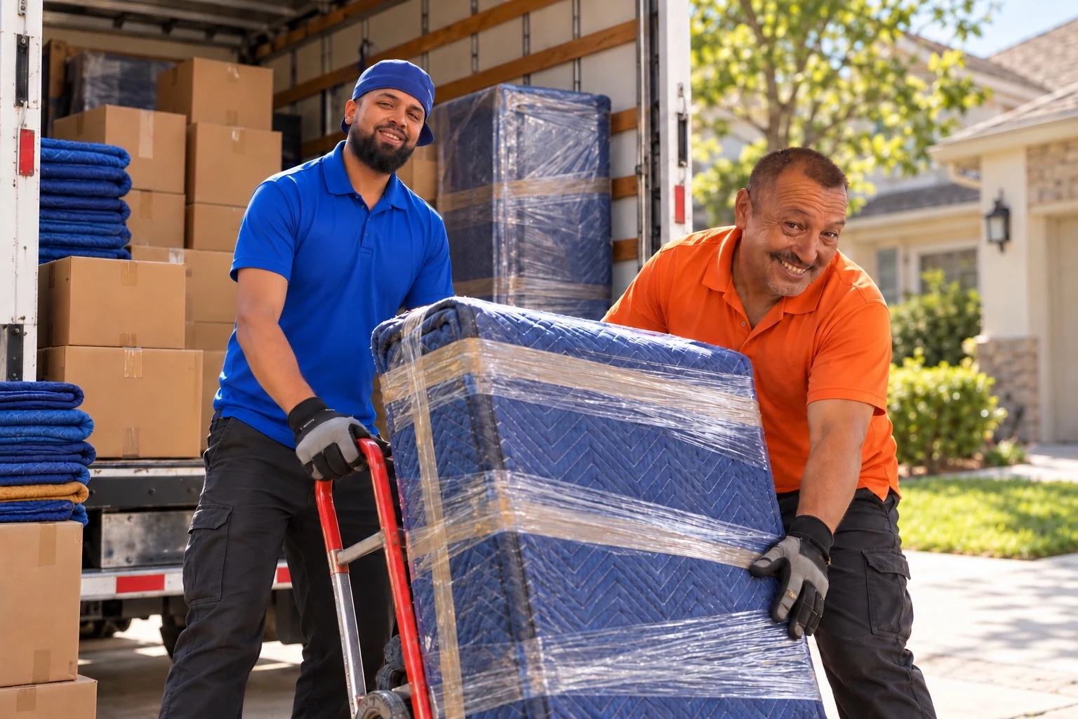 AI-edited portrait of two movers handling protected furniture beside a box truck