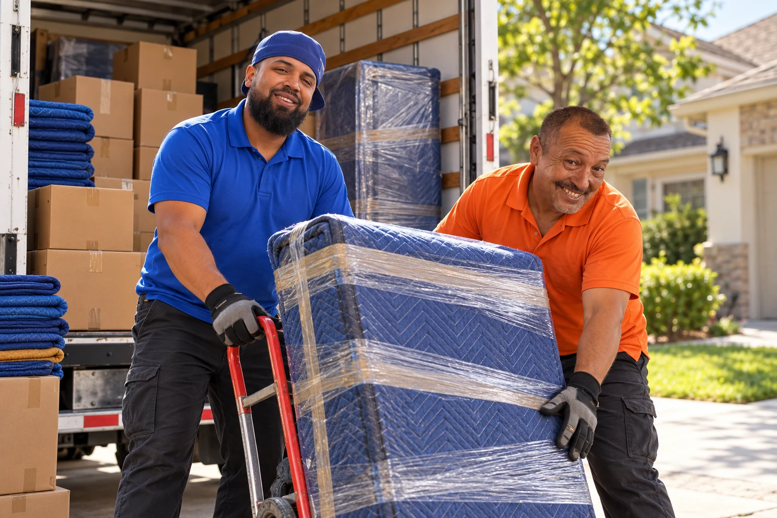 AI-edited portrait of two movers handling protected furniture beside a box truck