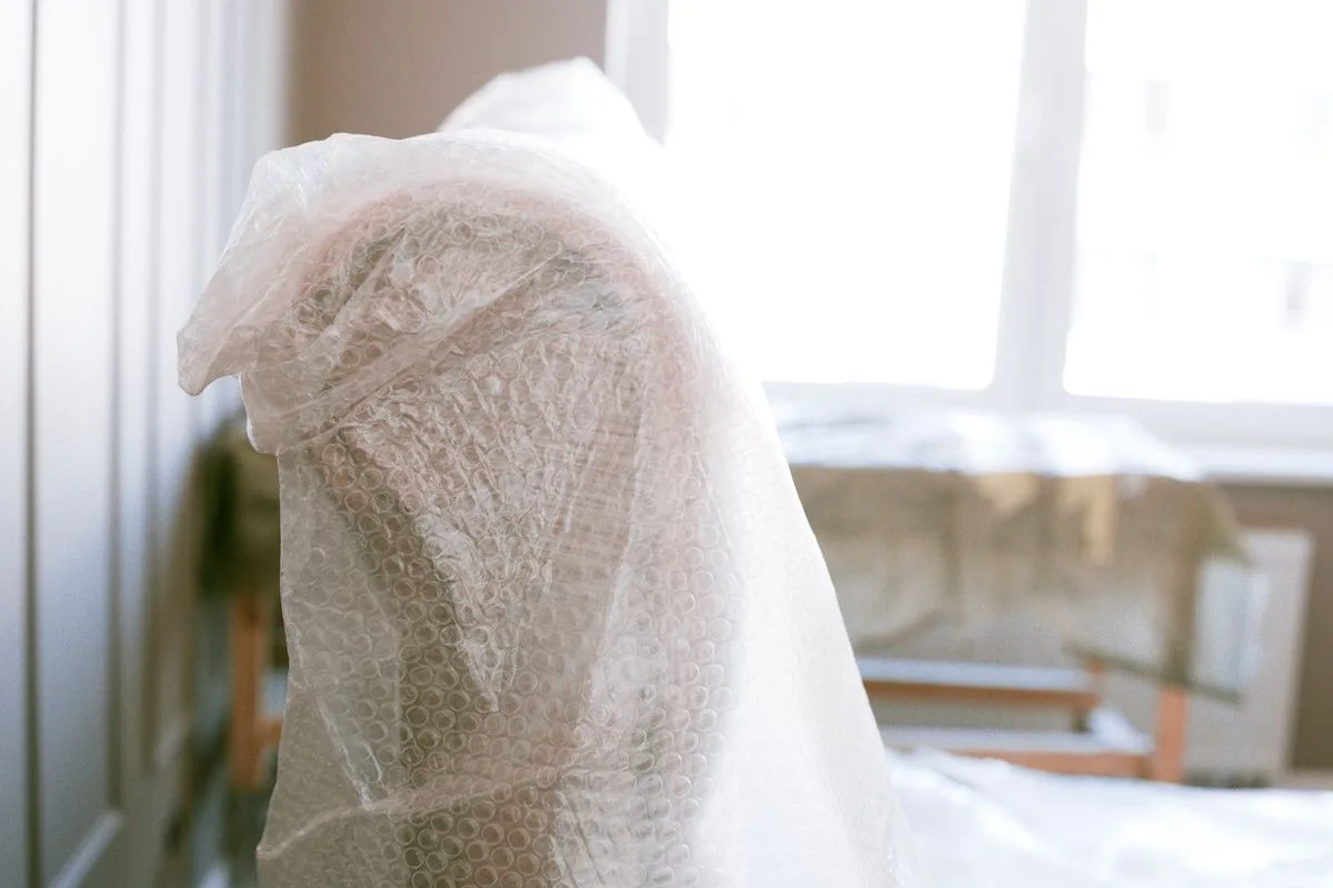 Furniture protected with bubble wrap